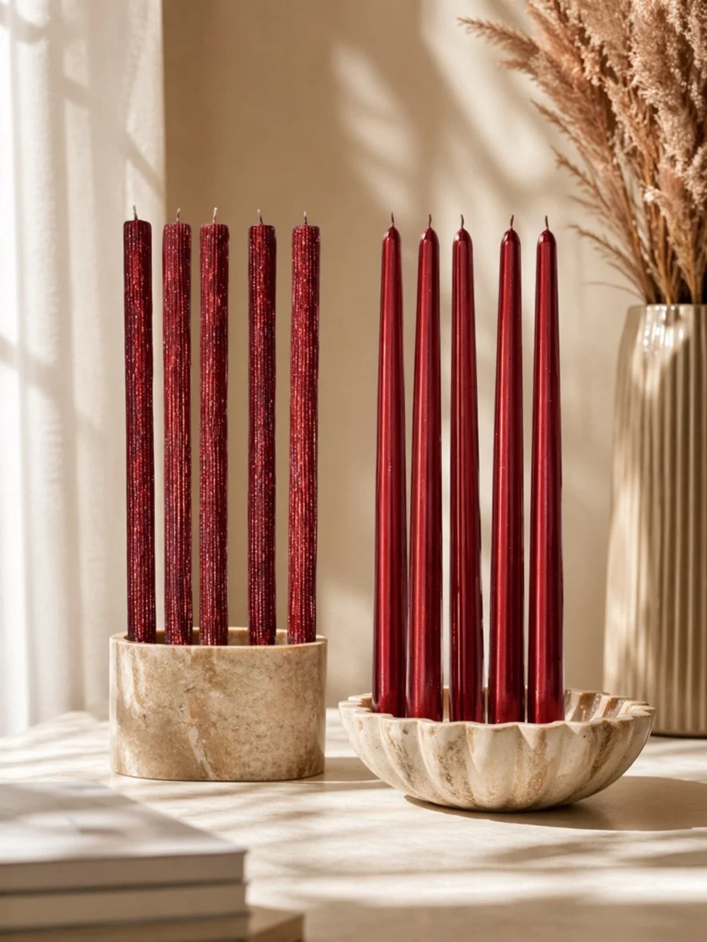 Red Glitter Taper Candle Set Metallic Rare Vintage Holiday Decoration Lot Bundle